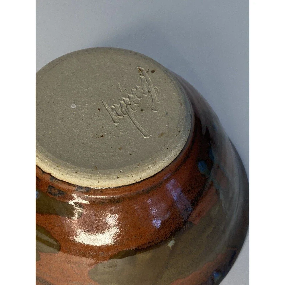 Handmade Studio Pottery Bowl Signed Artist Brown Glazed Rustic Stoneware Art